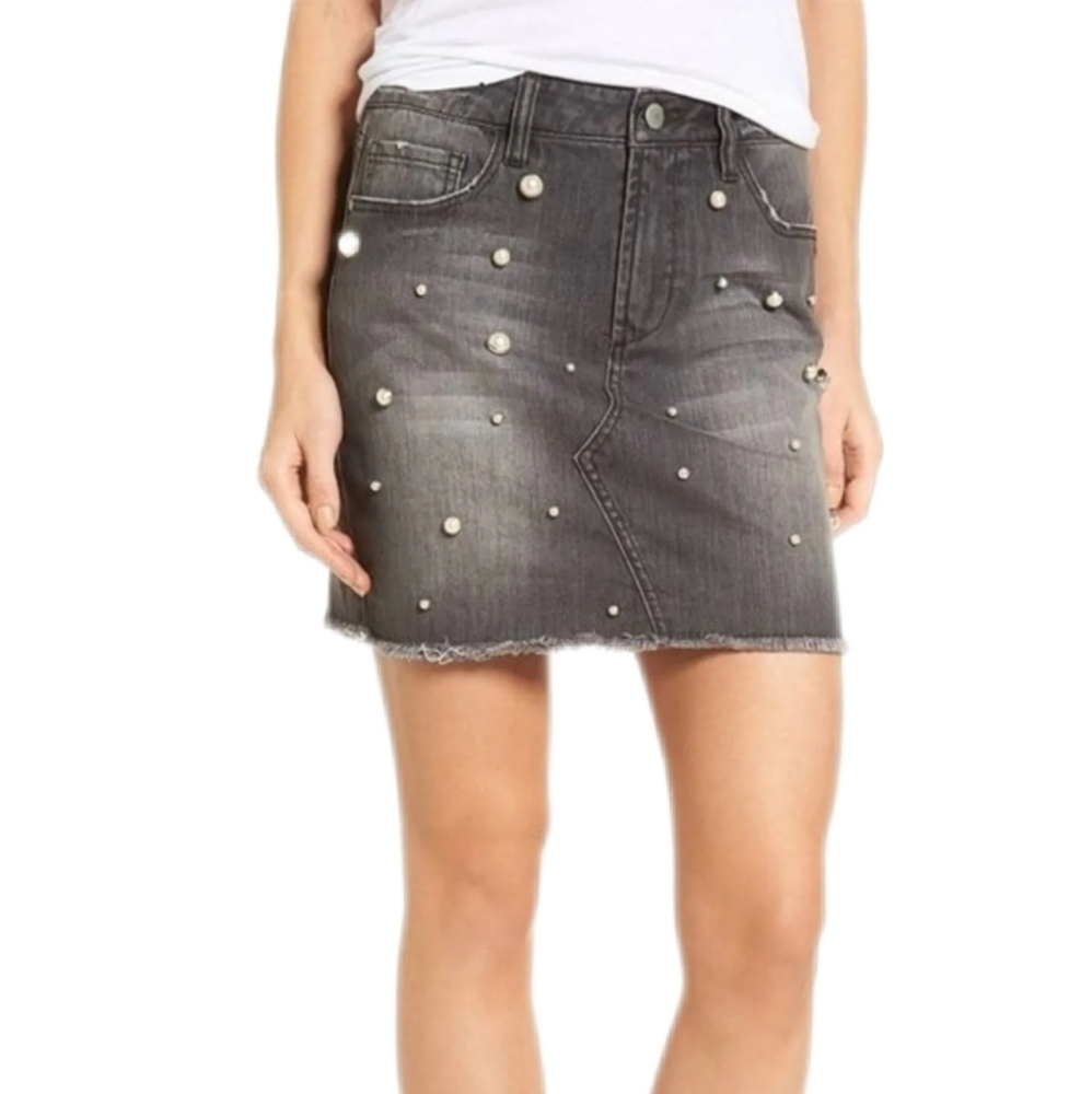 Design Lab Lord & Taylor Denim Mini Skirt Pearl Embellished Frayed Hem Jean
